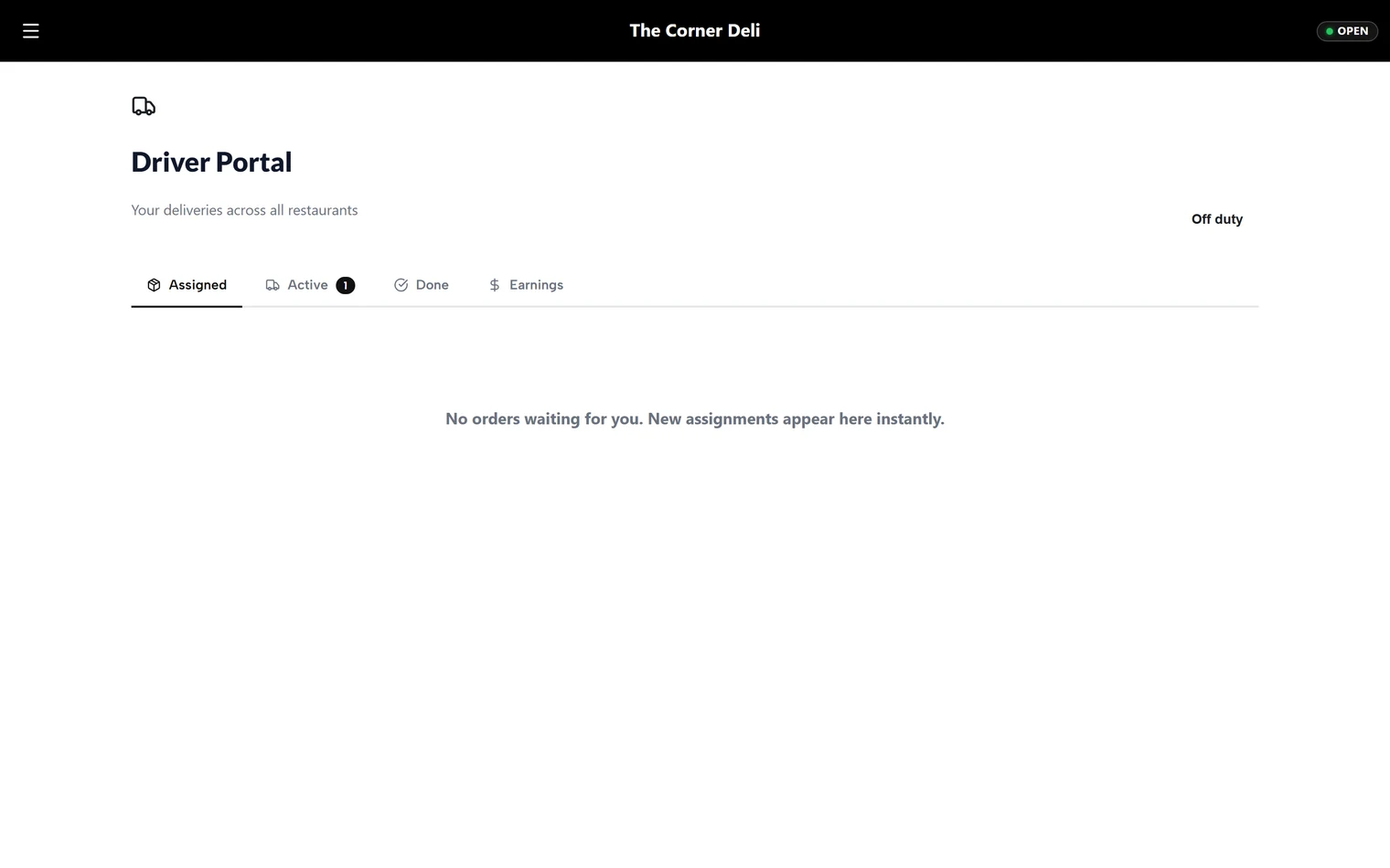 The driver portal with an active delivery and its status buttons
