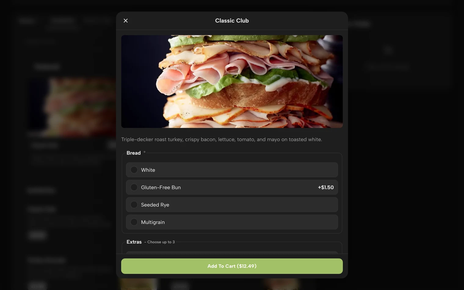 An item sheet with required Bread choices and optional Extras add-ons