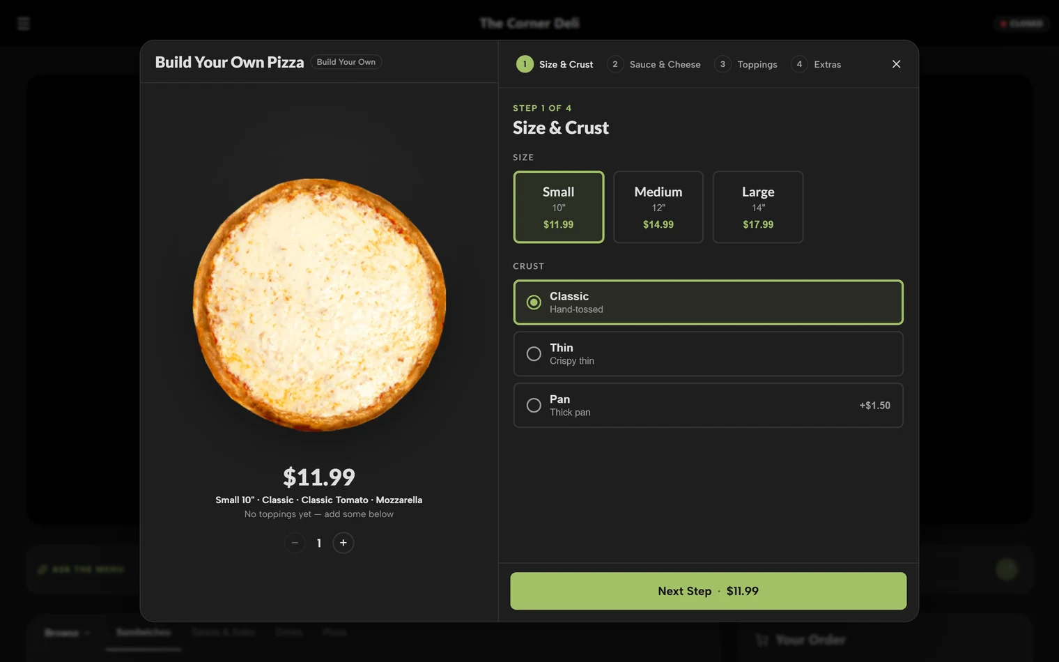 The build-your-own pizza flow: choosing a size on step 1 of 4
