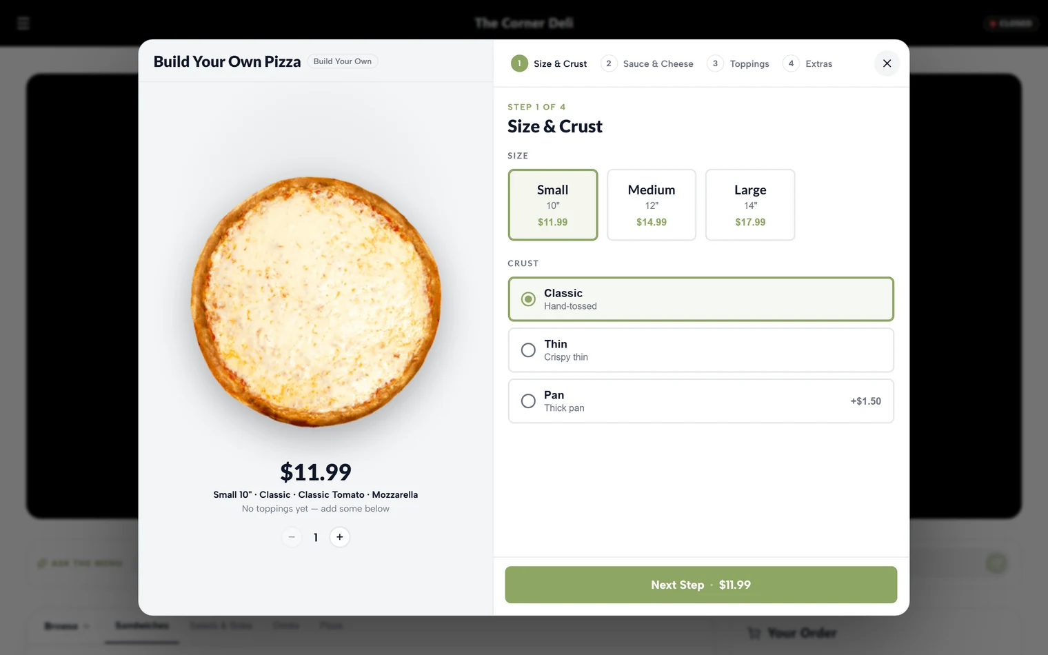 The build-your-own pizza flow: choosing a size on step 1 of 4